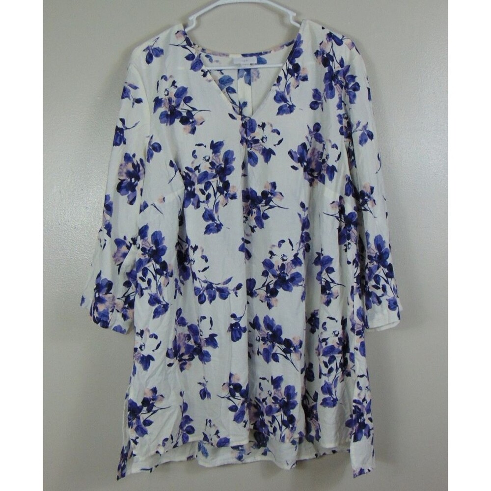 J.Jill Womens XL Blue Purple Floral Tunic Top V-Neck Pullover Elbow Sleeve Sprin